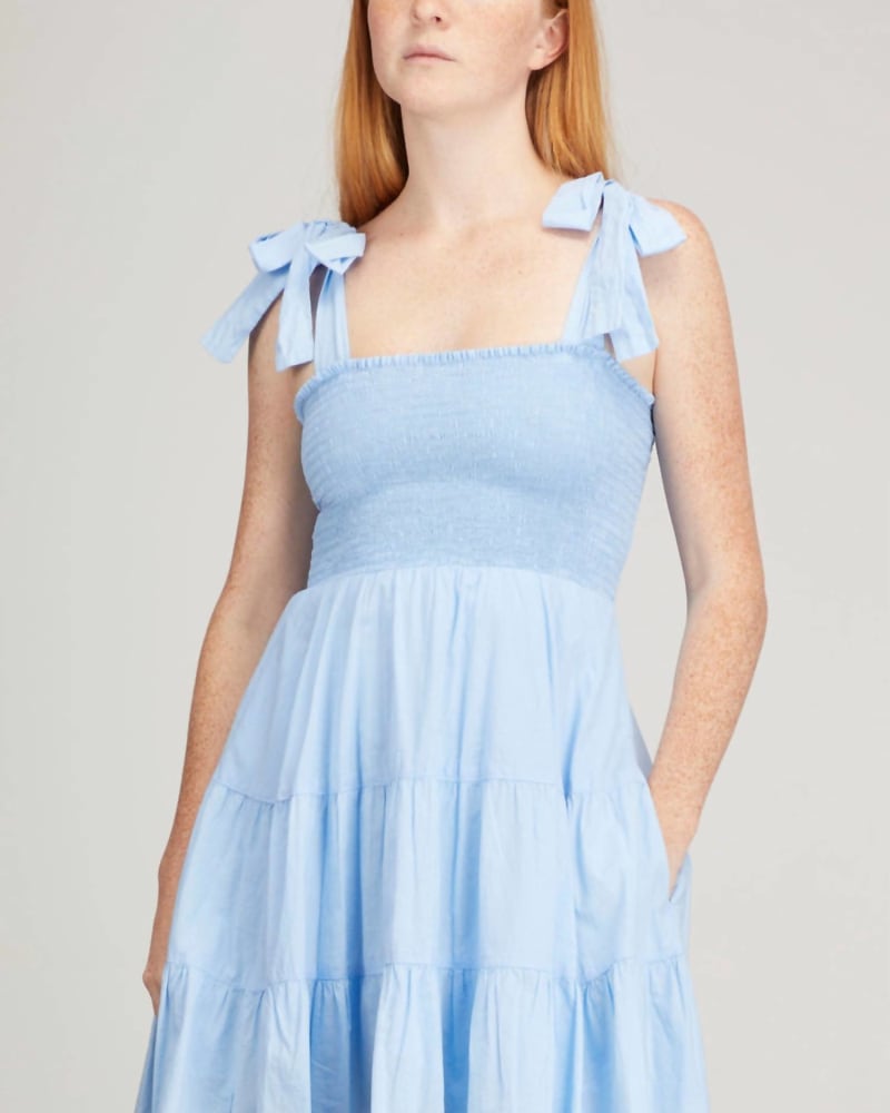 Front of a model wearing a size L Lori Dress in Blue Vista in Blue Vista by XIRENA. | dia_product_style_image_id:336329